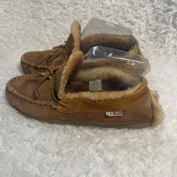 LLBean Men’s leather Suede tan Moccasin Slippers shearling lining SZ10M - Picture 5 of 11